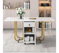 Mesa de comedor plegable (1 unidad) con armario y 2 cajones, mesa de comedor que ahorra espacio con 4 patas de apoyo, con polea (blanco/dorado), 76 x 80 x 150 (blanco/dorado)