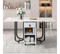 Mesa de comedor plegable (1 unidad) con armario y 2 cajones, mesa de comedor que ahorra espacio con 4 patas de apoyo, con polea (blanco/dorado), 76 x 80 x 150 (blanco/negro)