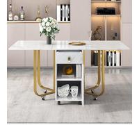 Mesa de comedor plegable con armario de almacenamiento y 2 cajones, mesa de cocina rectangular que ahorra espacio para 4-6 personas, diseño compacto y elegante, blanco y dorado