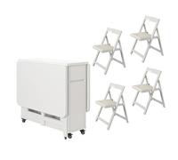 Mesa de comedor plegable extensible de madera maciza, mesa de comedor compacta de 1,4 m con cajón de almacenamiento, diseño de ahorro de espacio, incluye 4 sillas, acabado blanco