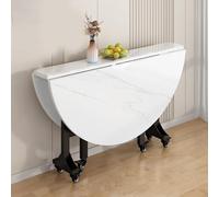Mesa de comedor plegable redonda con hoja de caída para espacios pequeños, marco de metal resistente sobre 6 ruedas, soporta 400 kg, asientos de 4 a 8 personas, 110 cm, blanco y negro