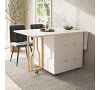 Mesa de comedor portátil, mesa plegable, tapa de mármol, adecuada para comedor, divisores ajustables, compartimento de almacenamiento grande, 6 ruedas (2 bloqueables (blanco y dorado)