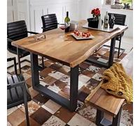Mesa de comedor rectangular de madera maciza con base de metal, mesa de comedor de madera de estilo industrial para 2-8 invitados, 79 pulgadas de largo x 32 pulgadas de ancho x 30 pulgadas de alto