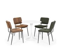 Mesa de comedor redonda blanca con 4 sillas marrón y verde estilo industrial patas de metal negro