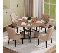 Mesa de comedor redonda de nogal para 4 personas, 47", con estante de almacenamiento - Base de pedestal que ahorra espacio - Estructura de madera resistente - Compacta, ideal para espacios reducidos,