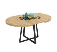 Mesa de comedor redonda extensible, mesa de salón, melamina aduna, roble y negro 110x77x110-158 cm