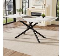 Mesa de comedor telescópica (120-160 cm), mesa de comedor extensible, ahorra espacio, patas de hierro cruzadas negras, para cocina y salón, mesa de mármol blanco (blanco, 120-160 x 80 x 76,5 cm)