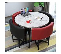 Mesa de comedor y silla combinada, mesa de recepción de oficina, mesa redonda de mármol de 80 cm, mesa de negocios, hotel, salón, hogar, cocina, 1 mesa, 4 sillas, estilo moderno simple y cuero vintage