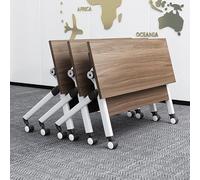 Mesa de conferencias plegable versátil con tapa abatible, solución portátil para reuniones dinámicas, cursos de formación, aulas y oficinas, acabado de nogal