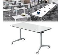 Mesa de conferencias rectangular moderna con ruedas giratorias bloqueables, diseño plegable para un fácil almacenamiento, ideal para oficina, sala de reuniones y uso en el aula