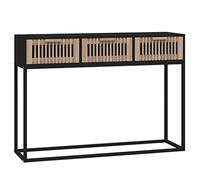 Mesa de consola negra 105 x 30 x 75 cm con 3 cajones y patas de metal | Plástico de madera, resistente a la humedad, tablero de espejo, estilo escandinavo, estructura estable