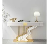 Mesa de consola rústica moderna con cajones, mesa estrecha de mármol falso para sofá o pasillo, elegante diseño curvo, acabado dorado, 100cm/39.3" - Mueble elegante para entrada