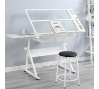 Mesa de dibujo ajustable con silla de altura regulable, mesa de cristal | Cristal de seguridad blanco, 98 × 60 cm, marco de metal, 2 cajones, mesa de pintura para adultos, artistas y oficina en casa