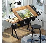 Mesa de dibujo ajustable con taburete, escritorio inclinable de bambú/arte con almacenamiento y cajones para dibujar, pintar y estudiar trabajos