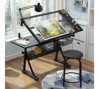 Mesa De Dibujo Ajustable con Taburete, Mesa De Dibujo De Vidrio Inclinable De 0 A 50° con Cajones De Almacenamiento Y Lámpara De Escritorio para El Hogar, La Oficina