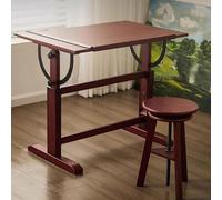 Mesa de dibujo ajustable de madera maciza con taburete, escritorio de arte ajustable con manivela de mano con parte superior inclinable, mesa de manualidades clásica con acabado de cerezo para