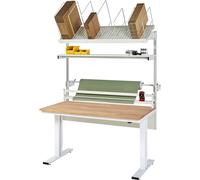 Mesa de embalaje completa 300, de altura regulable eléctricamente RAU, set 2 con estante de varios niveles, dispositivo de corte, unidad portabobinas