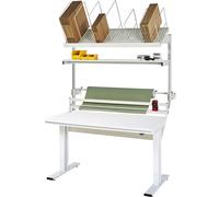 Mesa de embalaje completa 300, de altura regulable eléctricamente RAU, set 2 con estante superior, dispositivo de corte, unidad portabobinas