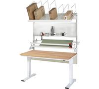 Mesa de embalaje completa 300, de altura regulable eléctricamente RAU, set 3 con placa perforada, dispositivo de corte, unidad portabobinas