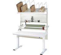 Mesa de embalaje completa 300, de altura regulable eléctricamente RAU, set 3 con placa perforada, dispositivo de corte, unidad portabobinas