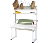 Mesa de embalaje completa 600, de altura regulable eléctricamente RAU, kit 2 con estante de varios niveles, dispositivo de corte, unidad portabobinas