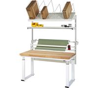 Mesa de embalaje completa 600, de altura regulable eléctricamente RAU, kit 2 con estante de varios niveles, dispositivo de corte, unidad portabobinas
