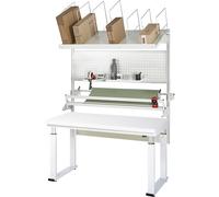 Mesa de embalaje completa 600, de altura regulable eléctricamente RAU, kit 3 con placa perforada, dispositivo de corte, unidad portabobinas