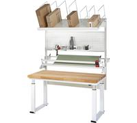 Mesa de embalaje completa 600, de altura regulable eléctricamente RAU, kit 3 con placa perforada, dispositivo de corte, unidad portabobinas