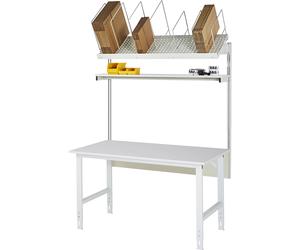 Mesa de embalaje completa, de altura regulable manualmente RAU, juego 1 con estante superior