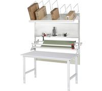 Mesa de embalaje completa, de altura regulable manualmente RAU, juego 3 con placa perforada, dispositivo de corte, unidad portabobinas