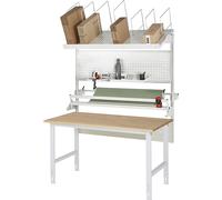 Mesa de embalaje completa, de altura regulable manualmente RAU, juego 3 con placa perforada, dispositivo de corte, unidad portabobinas