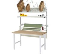 Mesa de embalaje completa, de altura regulable manualmente RAU, set 2 con estante de varios niveles, dispositivo de corte, unidad portabobinas