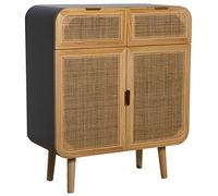 Mesa de Entrada con 2 cajones y 2 Puertas de Metal, Madera DM y Mimbre en Natural y Negro 80x38x95cm