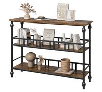 Mesa de entrada estrecha de 109 cm a 3 niveles, diseño rústico, marrón, patas columnas ajustables (68 kg/piso, MDF/Metal) - para espacios reducidos Salón/Dormitorio
