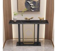 Mesa de entrada estrecha moderna con encimera de piedra sinterizada y estructura metálica, consola rectangular mesa auxiliar larga para vestíbulo, salón, pasillo.(Black3,80x30cm/31.5x11.8in)