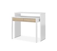 Habitdesign Mesa Escritorio Extensible, Mesa Estudio, Consola, Color Blanco Artik y Roble Canadian, Medidas: 98,5 cm (Largo) x 36-70 cm (Fondo) x 87,5 cm (Alto)