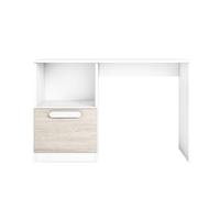 Mesa de escritorio para habitación juvenil estelle estilo nórdico en color blanco mate y roble sahara con 1 puertas y 1 hueco de almacenamiento 100 cm