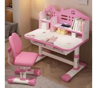 Mesa de estudio para niños, juego de escritorio y silla rosa, escritorio de estudio para estudiantes de altura ajustable, escritorio ampliado, patrón de dibujos animados, juego de mesa de estudio para