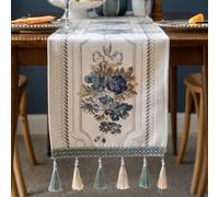Mesa de jacquard blanca para corredor, tela de felpilla bordada de lujo con múltiples borlas para comedor, decoración de fiesta de boda, bufanda vintage de 32 cm de ancho (32 x 160 pulgadas)