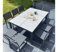 Mesa de jardín de aluminio y cerámica efecto mosaico 182x121 cm y 10 sillas de textilene