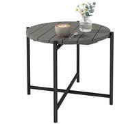 Mesa de jardín pequeña redonda Outsunny de 54 cm, mesita auxiliar de exterior con tablero de madera de listones, mesas de café de jardín con estructura metálica de estilo industrial para patio,
