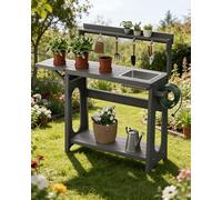 Mesa de jardinería Exterior Hips con extensión Plegable y Fregadero extraíble, estantes de Almacenamiento y Ganchos para Herramientas, Resistente a la Intemperie para Patio y terraza, Gris