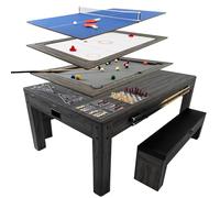 Mesa de Juegos 7 en 1 con 2 Bancos - Efecto Madera Gris | Multijuego | Billar, Ping Pong, Air Hockey, Ajedrez, Backgammon, Shuffleboard y Comedor | Accesorios Incluidos | Diversión Familiar y Hogar