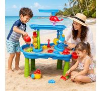 Mesa de juegos de arena y agua de 3 niveles para niños pequeños, mesa de juegos de agua para exteriores con efecto lluvia y molino de viento, incluye 2 sillas y juguetes de playa, mesa de juego