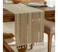 Mesa de lino de algodón rústico para camino, con diseño hueco bordado, 33X180cm para decoración de mesa de comedor de cocina (marrón)