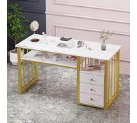 Mesa de manicura, escritorio para manicura para técnicos de uñas,Estación de manicura moderna con textura jaspeada con estantes abiertos,Mesa de madera para salón de belleza spa manicura tocador