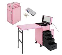 Mesa de manicura, mesa manicura profesional plegable, con mando a distancia y maletín de tren de maquillaje, mesas de uñas con 4 cajones para técnicos, spa, salón de belleza, lugar de trabajo (rosa)