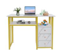 Mesa de manicura profesional, con 3 cajones y 100 cm de longitud, elegante aspecto de mármol en oro y blanco, resistente de tablero de densidad y marco de acero, ideal para salones de uñas, salones de