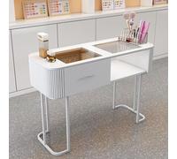 Mesa de manicura profesional con parte superior de cristal, estación de trabajo para técnicos de uñas, escritorio moderno de almacenamiento de belleza con cajón y estantes abiertos