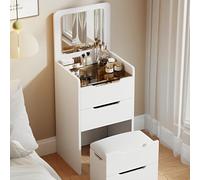 Mesa de maquillaje 3 en 1 de nogal con espejo LED abatible, otomana oculta y almacenamiento, elegante tocador para espacios pequeños, mesita de noche de 18.9 pulgadas